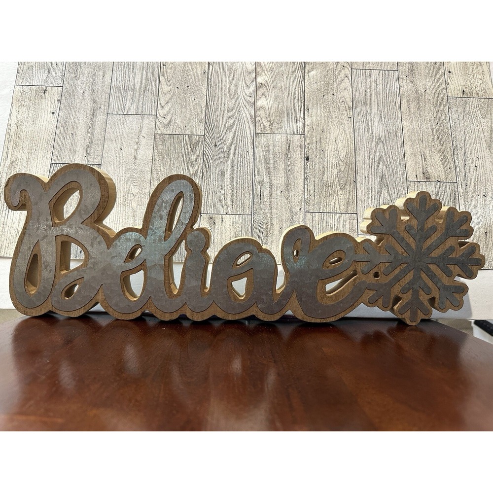Believe Sign w/ Snowflake 17.5 X 5.5" Wood/Pressboard w/‎ Metal Accent